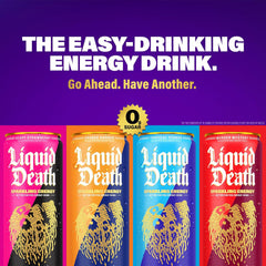 Liquid Death Sparkling Energy Variety Pack, Zero Sugar Energy Drink, Unextreme Caffeine 100mg, Essential Vitamins, 3 Flavors: Strawberry, Orange, and Murder Mystery, 12 Fl Oz (Pack of 12)